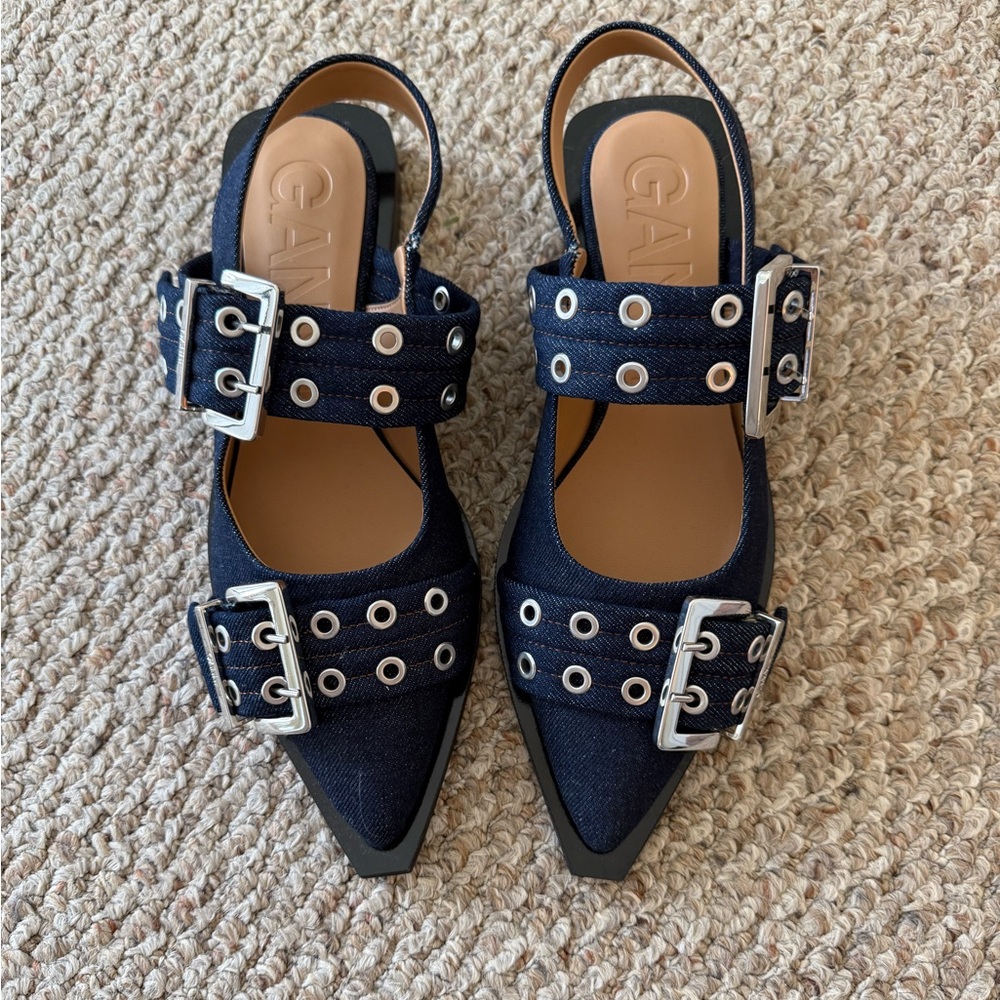 Ganni Denim Buckle Slingback Ballerinas BNWOT Size 41EU 10US